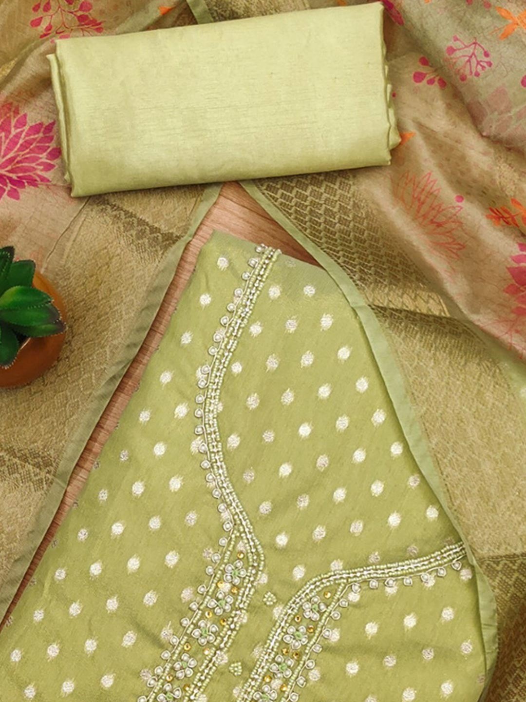 Premium Green Woven Shimmer Dress Material Enhanced With Delicate Moti Beads & Stone Handwork - Image 5