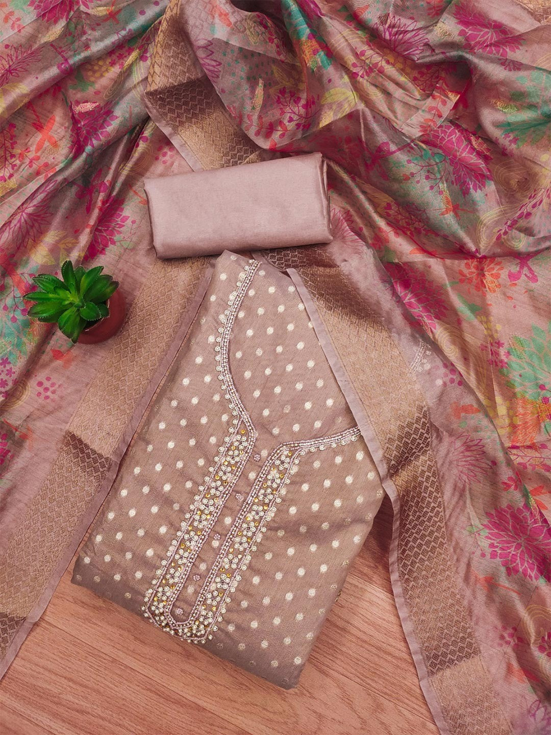 Premium Mauve Woven Shimmer Dress Material Enhanced With Delicate Moti Beads & Stone Handwork - Image 1