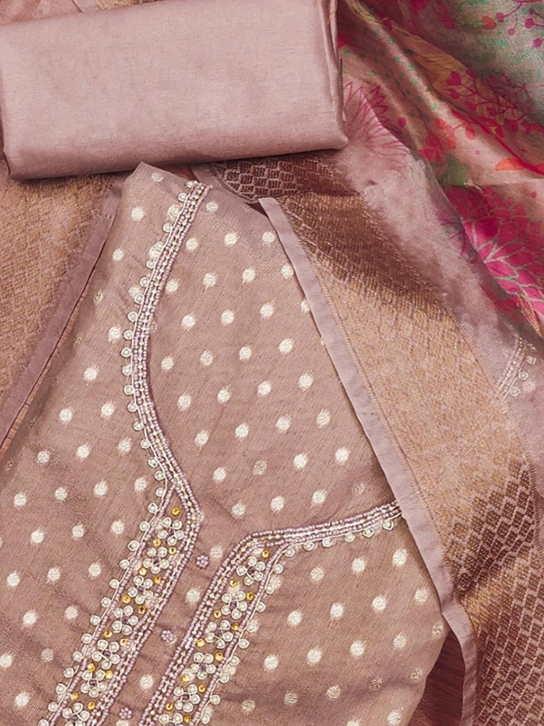 Premium Mauve Woven Shimmer Dress Material Enhanced With Delicate Moti Beads & Stone Handwork - Image 5