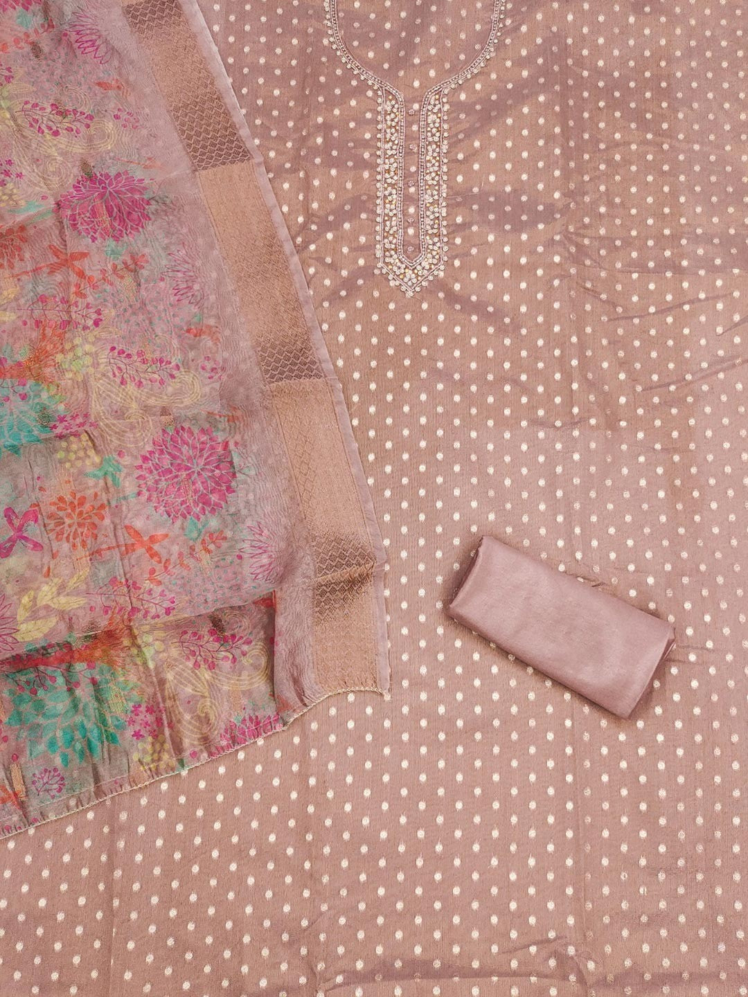 Premium Mauve Woven Shimmer Dress Material Enhanced With Delicate Moti Beads & Stone Handwork - Image 2