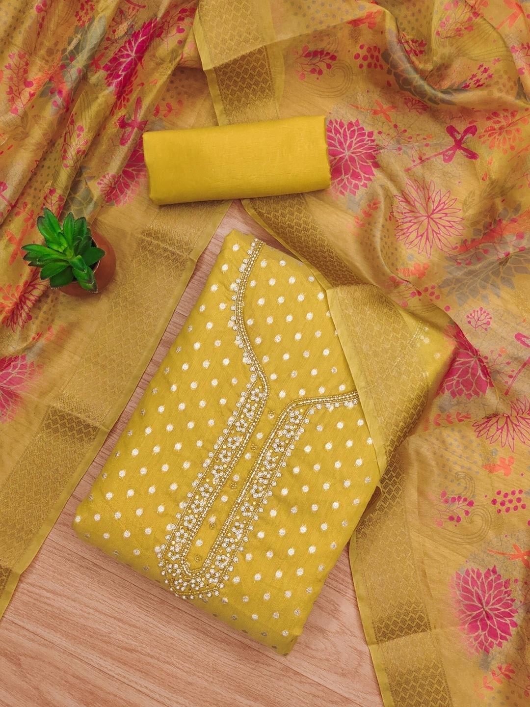 Premium Mustard Woven Shimmer Dress Material Enhanced With Delicate Moti Beads & Stone Handwork - Image 1