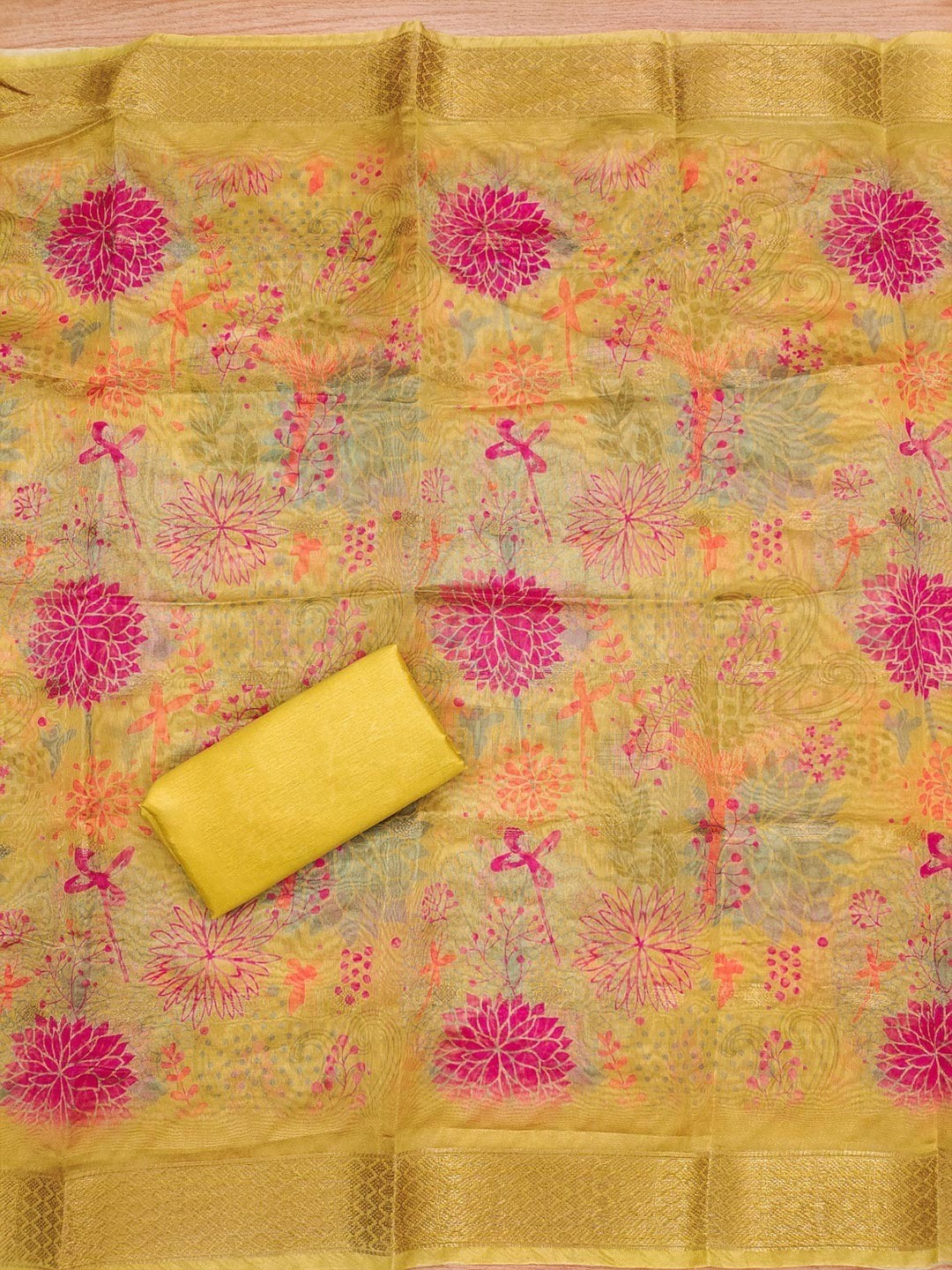 Premium Mustard Woven Shimmer Dress Material Enhanced With Delicate Moti Beads & Stone Handwork - Image 3