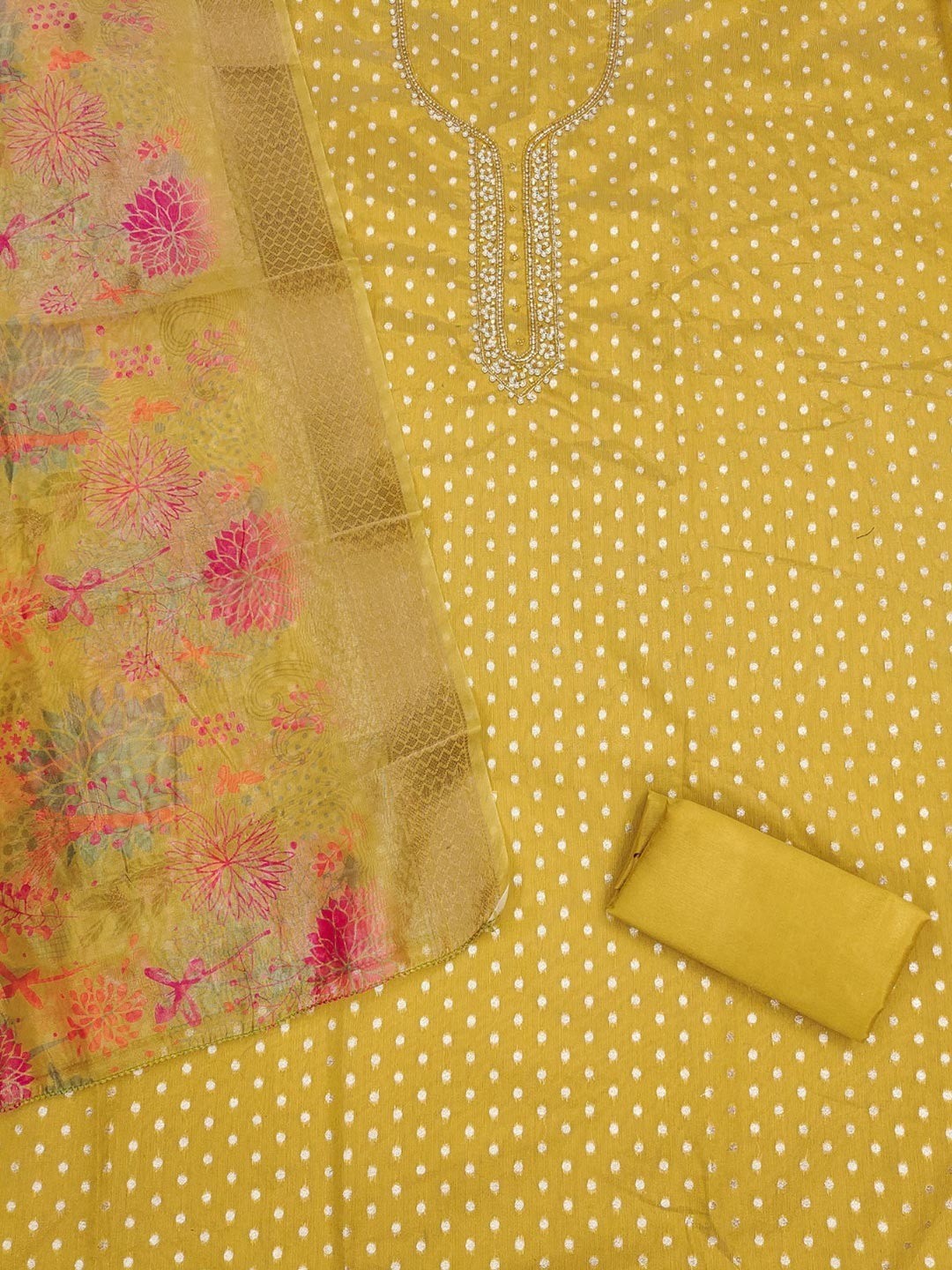 Premium Mustard Woven Shimmer Dress Material Enhanced With Delicate Moti Beads & Stone Handwork - Image 2