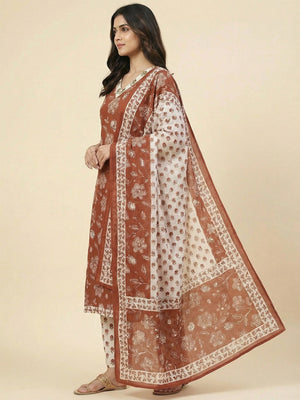 Festive Style Brown Floral Printed Cotton Salwar Suit with Coordinated Dupatta - Image 2