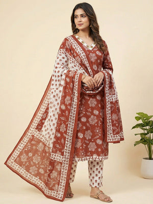 Festive Style Brown Floral Printed Cotton Salwar Suit with Coordinated Dupatta - Image 1