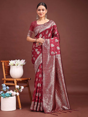 Maroon Banarasi Silk Saree with Intricate Silver Zari Weaving for Festive Elegance - Image 1