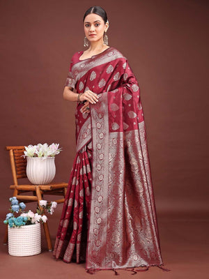 Maroon Banarasi Silk Saree with Intricate Silver Zari Weaving for Festive Elegance - Image 4