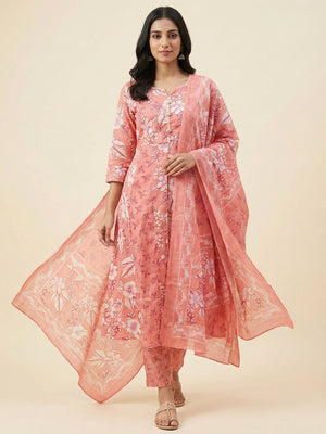 Coral Pink Floral Printed Cotton A-Line Salwar Suit for Modern Ethnic Fashion - Image 1