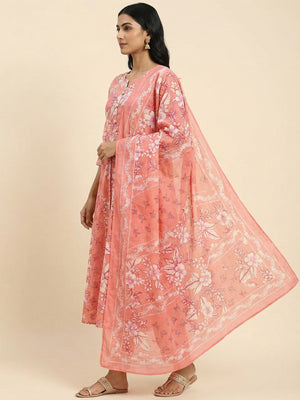 Coral Pink Floral Printed Cotton A-Line Salwar Suit for Modern Ethnic Fashion - Image 2