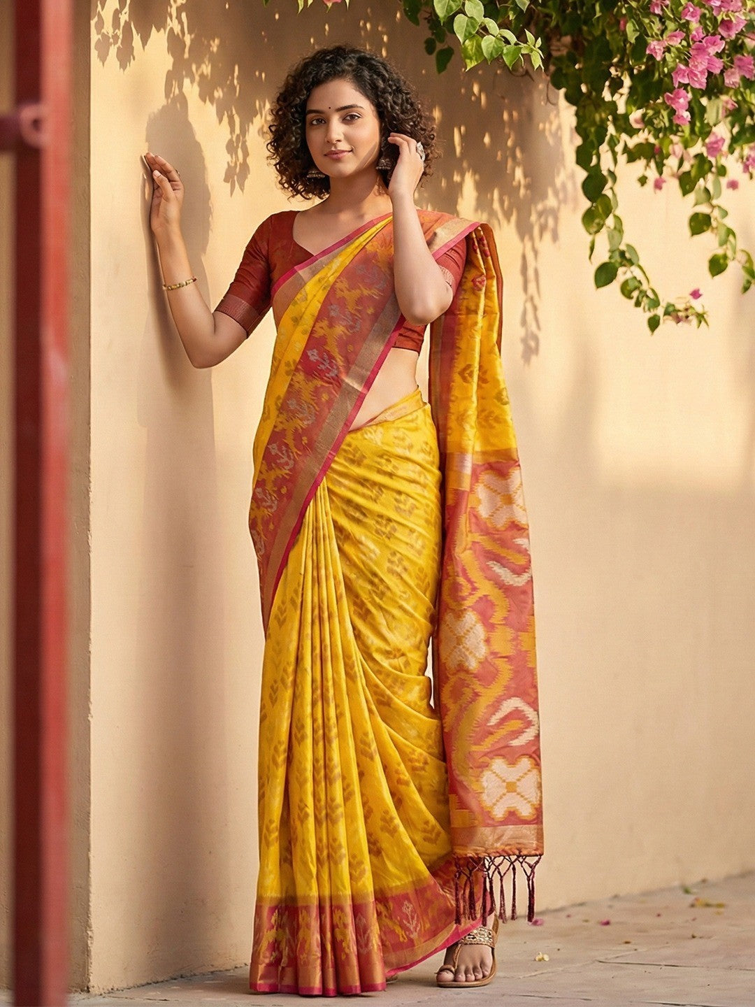 Royal Yellow Silk Blend Saree with Heritage Inspired Ikkat Border Design - Image 5