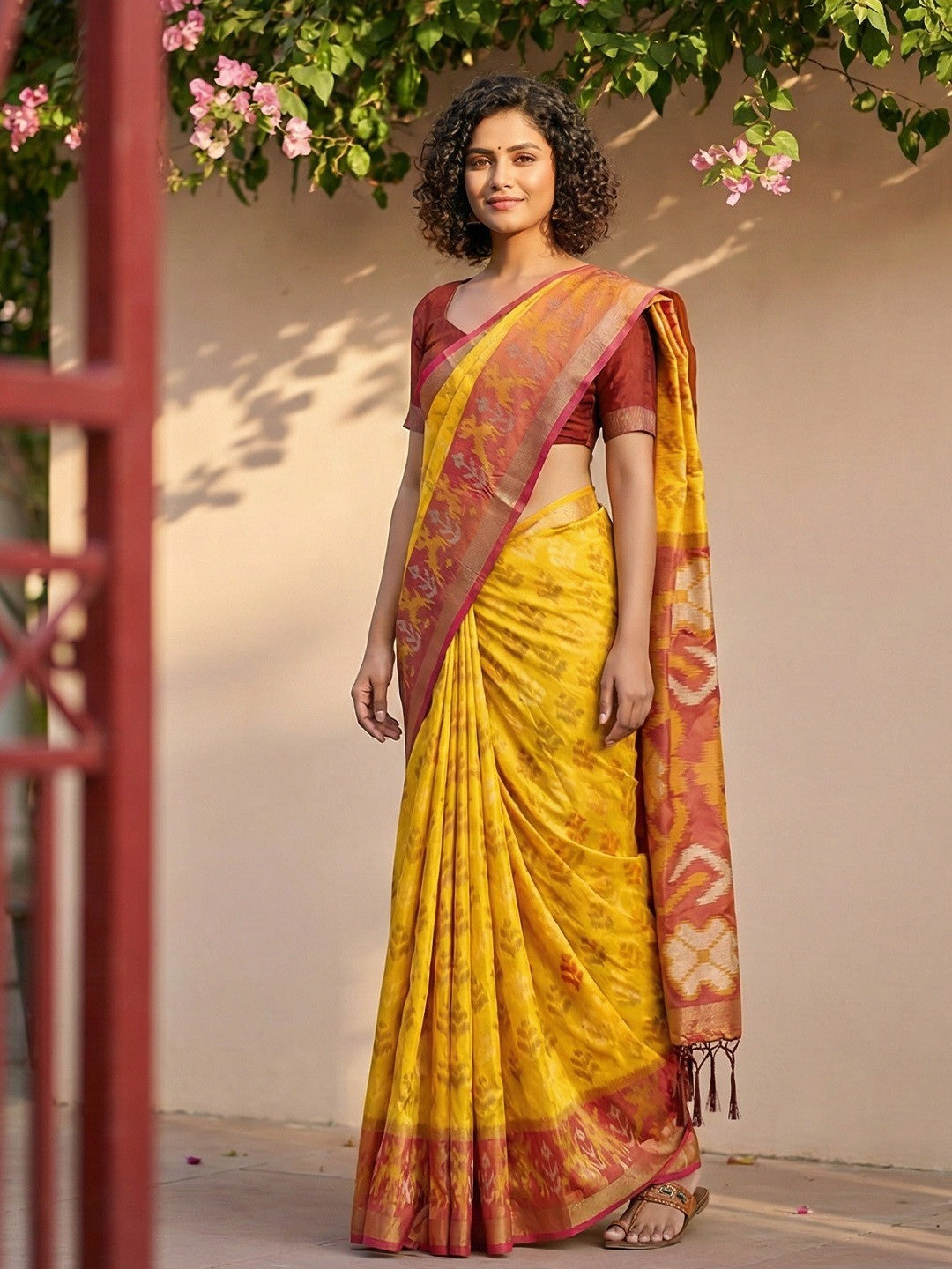 Royal Yellow Silk Blend Saree with Heritage Inspired Ikkat Border Design - Image 4