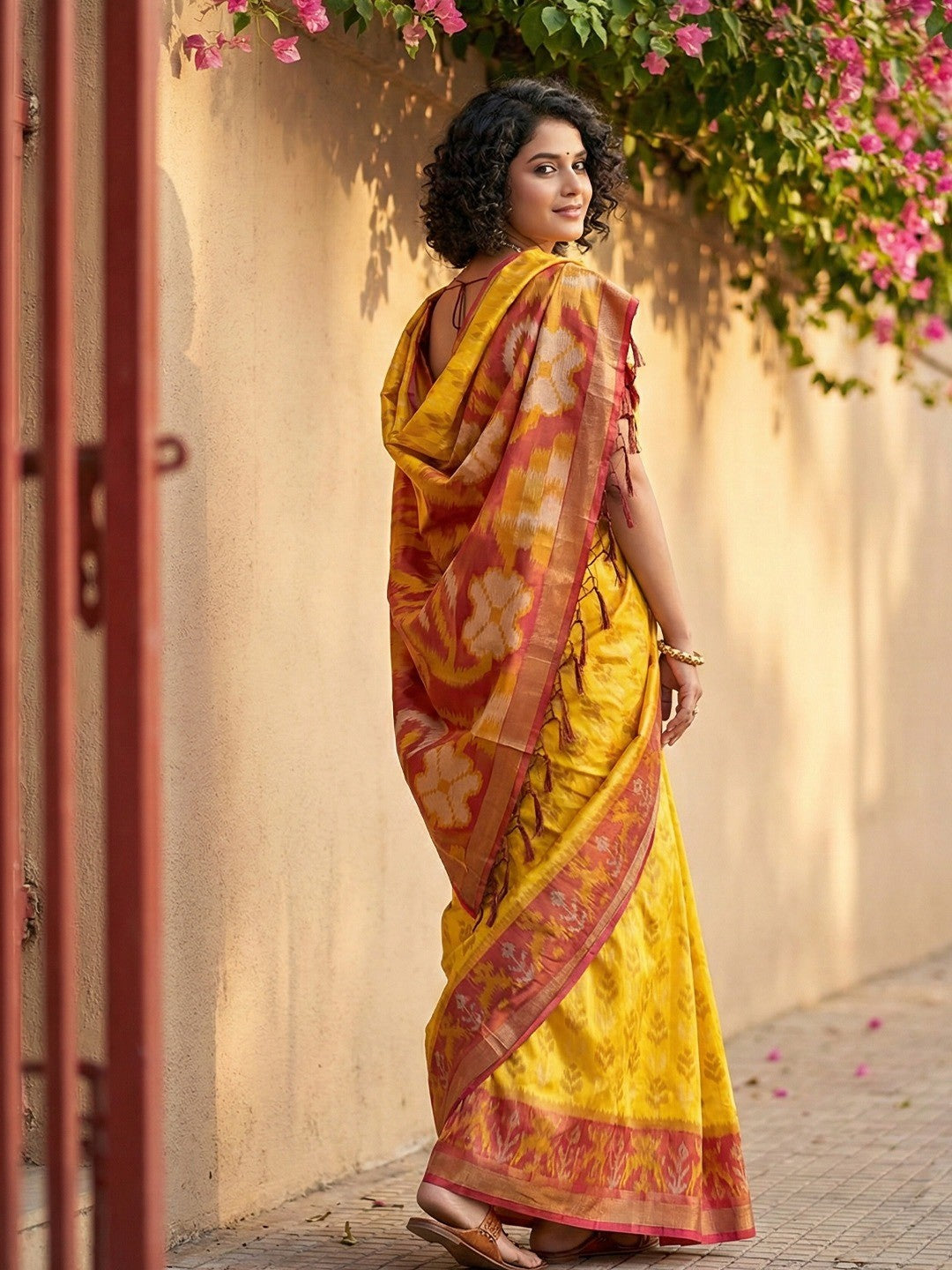 Royal Yellow Silk Blend Saree with Heritage Inspired Ikkat Border Design - Image 3