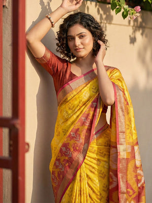 Royal Yellow Silk Blend Saree with Heritage Inspired Ikkat Border Design - Image 2
