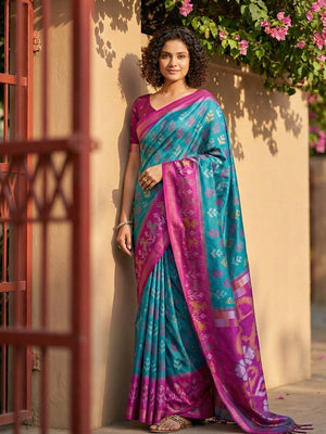 Blue Silk Blend Saree with Heritage Inspired Ikkat Border Design - Image 1