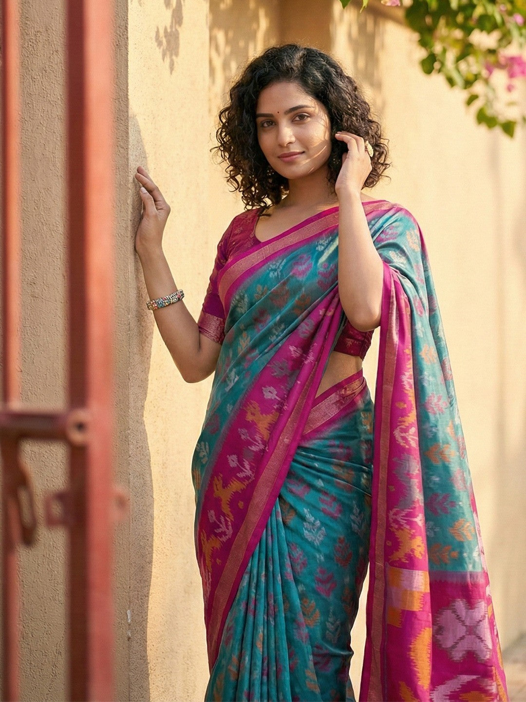 Blue Silk Blend Saree with Heritage Inspired Ikkat Border Design - Image 2