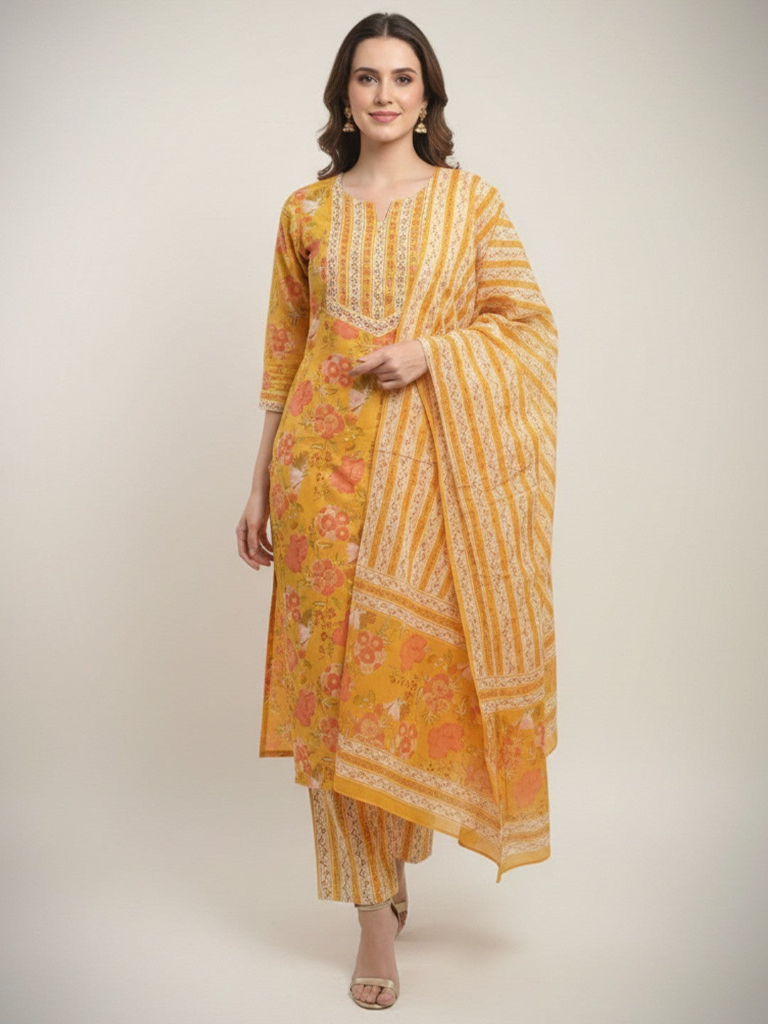 Yellow Floral Print Pure Cotton Straight Fit Ethnic Suit for Elegant Styling - Image 1