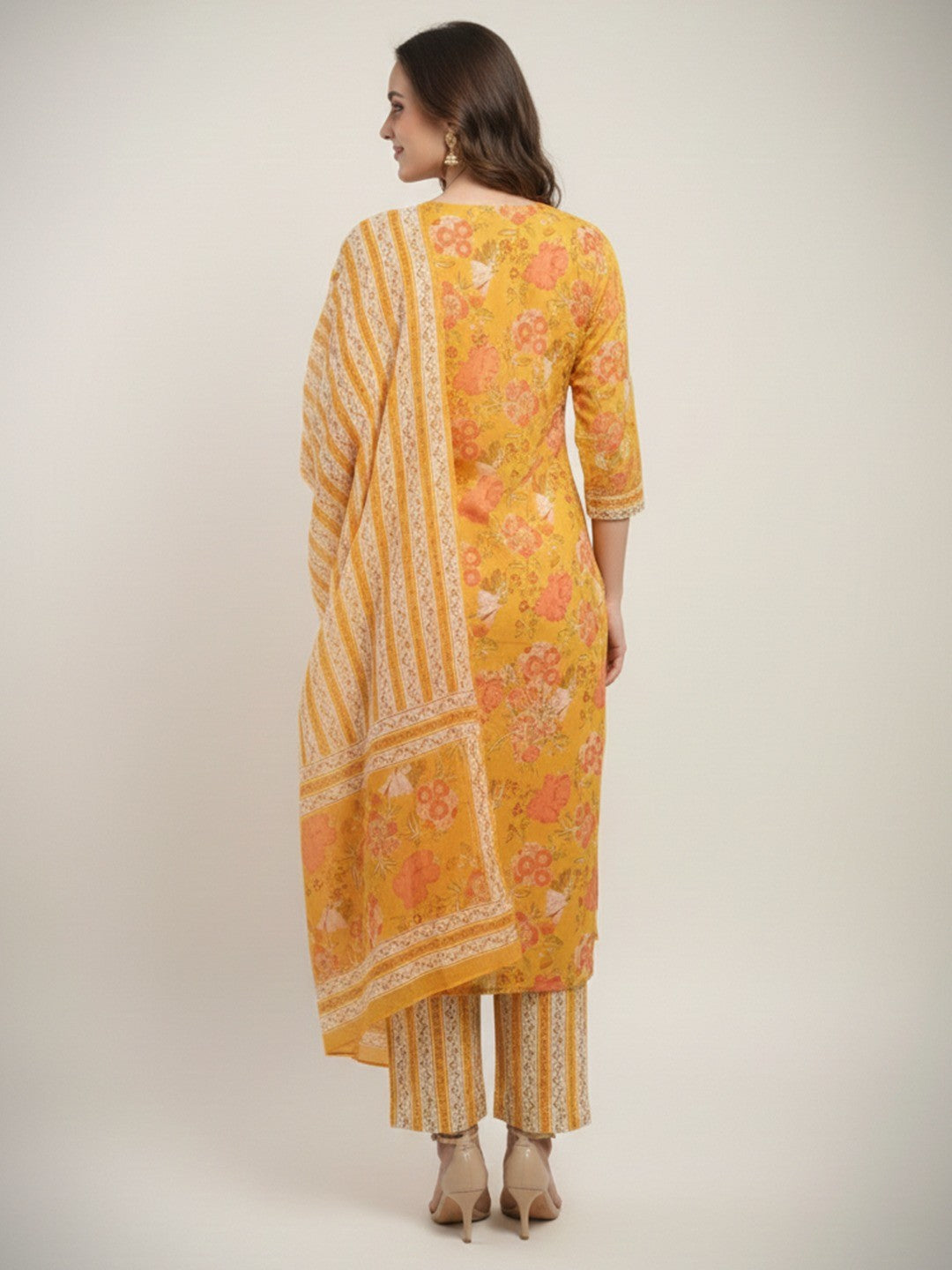 Yellow Floral Print Pure Cotton Straight Fit Ethnic Suit for Elegant Styling - Image 3