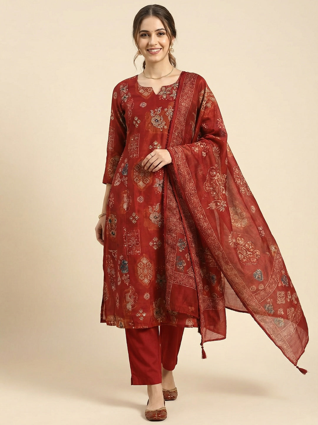 Red Floral Print Mul Chanderi Straight Fit Salwar Suit for Modern Ethnic Fashion - Image 1