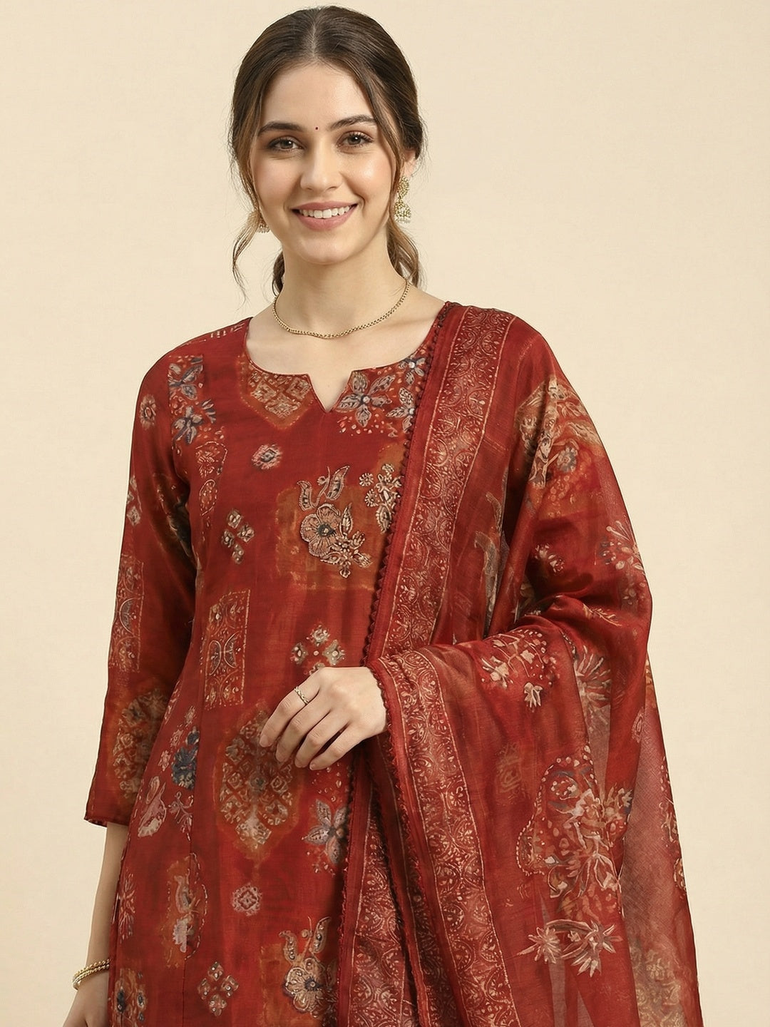 Red Floral Print Mul Chanderi Straight Fit Salwar Suit for Modern Ethnic Fashion - Image 4