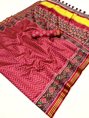 Traditional Maroon Patola Print Handloom Silk Saree with Pallu Tassel Detailing - Image 2