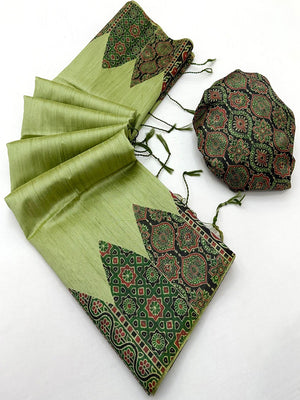 Green Traditional Ajrakh Printed Handloom Tussar Silk Saree  - Image 2