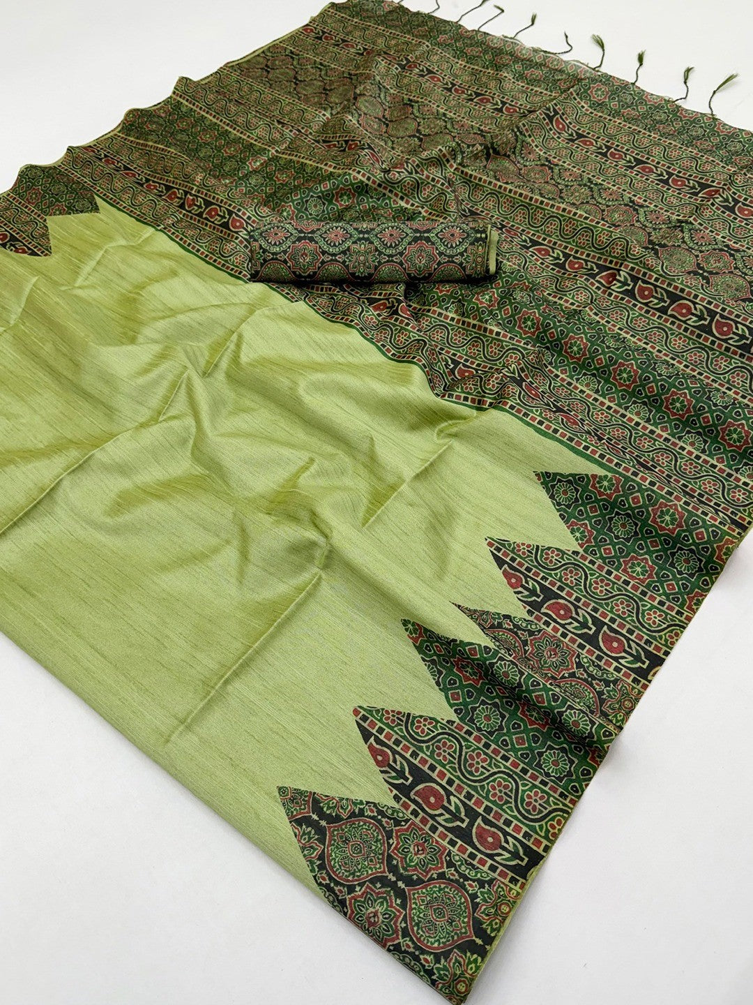Green Traditional Ajrakh Printed Handloom Tussar Silk Saree  - Image 3