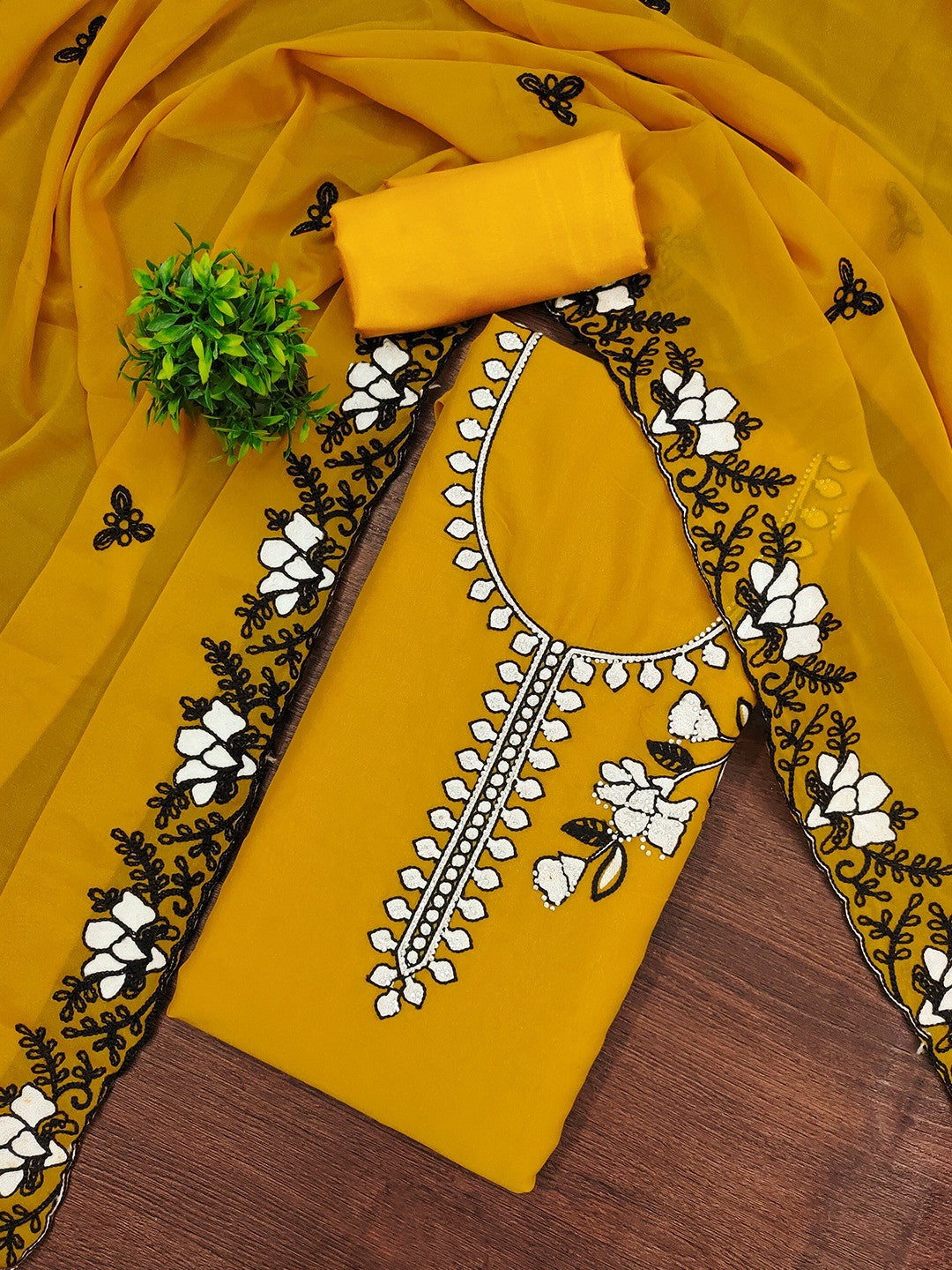 Mustard Premium Star Georgette Dress Material Featuring Intricate Floral Embroidery - Image 1