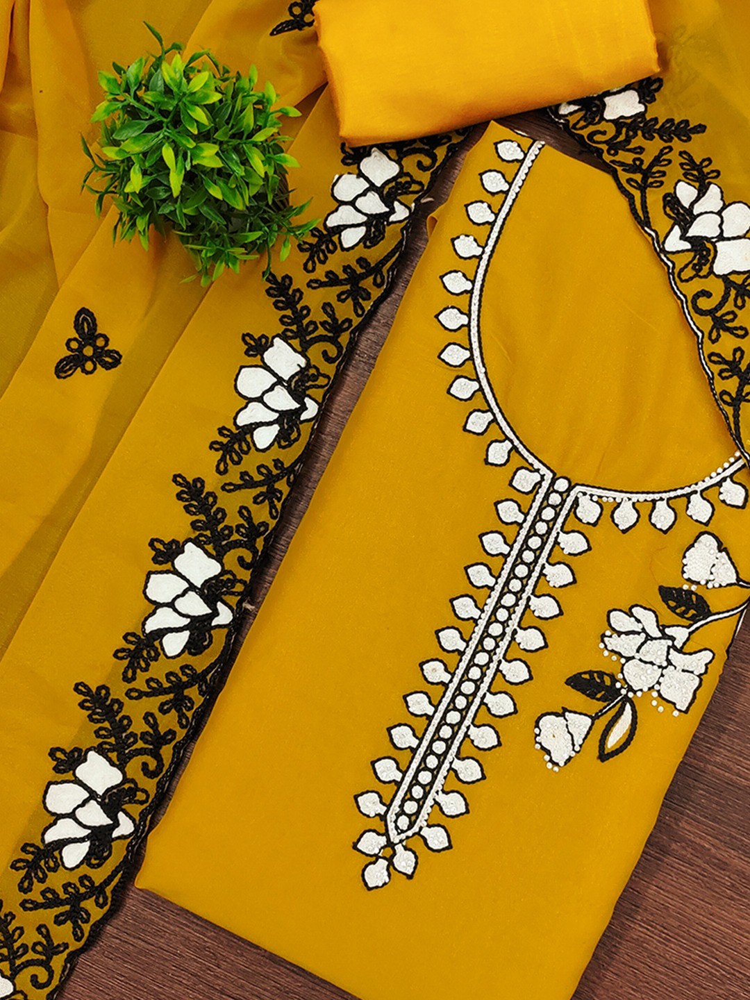 Mustard Premium Star Georgette Dress Material Featuring Intricate Floral Embroidery - Image 5