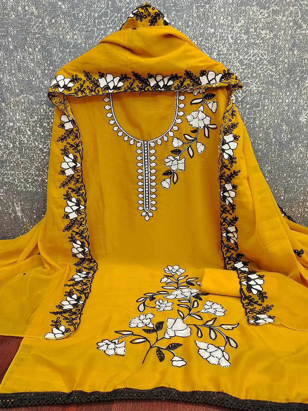 Mustard Premium Star Georgette Dress Material Featuring Intricate Floral Embroidery - Image 3