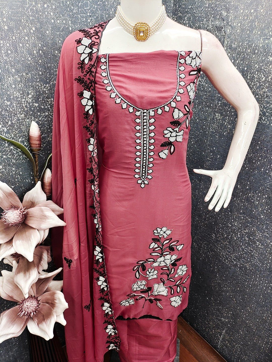 Peach Premium Star Georgette Dress Material Featuring Intricate Floral Embroidery - Image 2