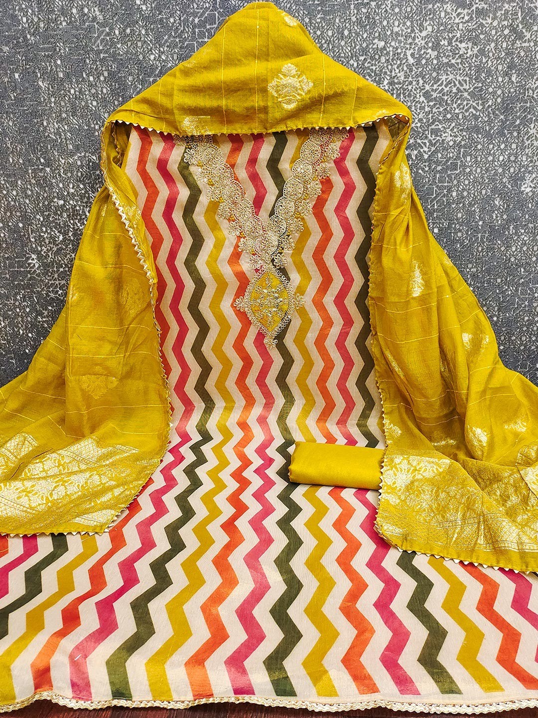 Mustard Shimmer Silk Dress Material Featuring Stylish Zig-Zag Printed Patterns - Image 2