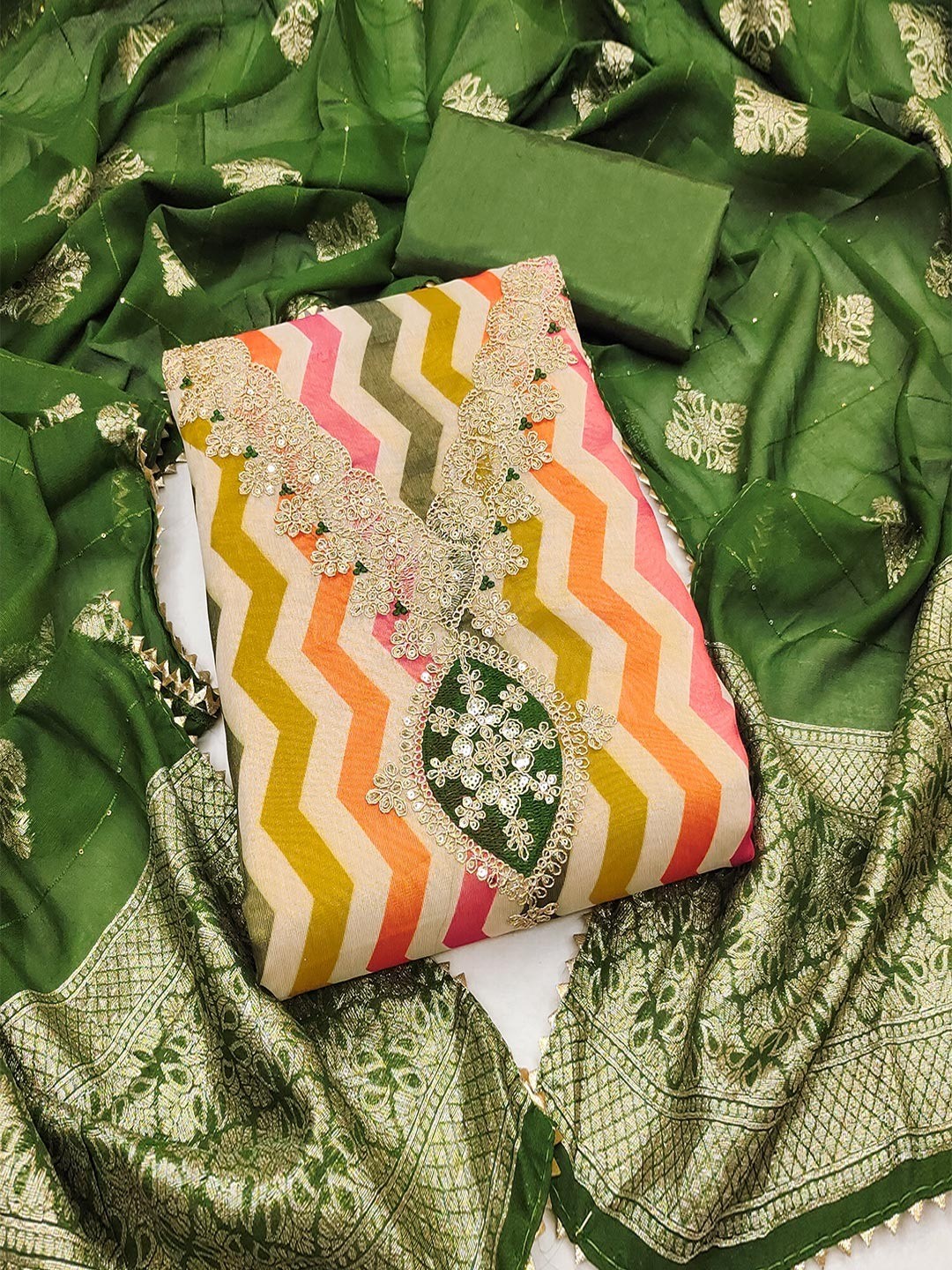 Green Shimmer Silk Dress Material Featuring Stylish Zig-Zag Printed Patterns - Image 1
