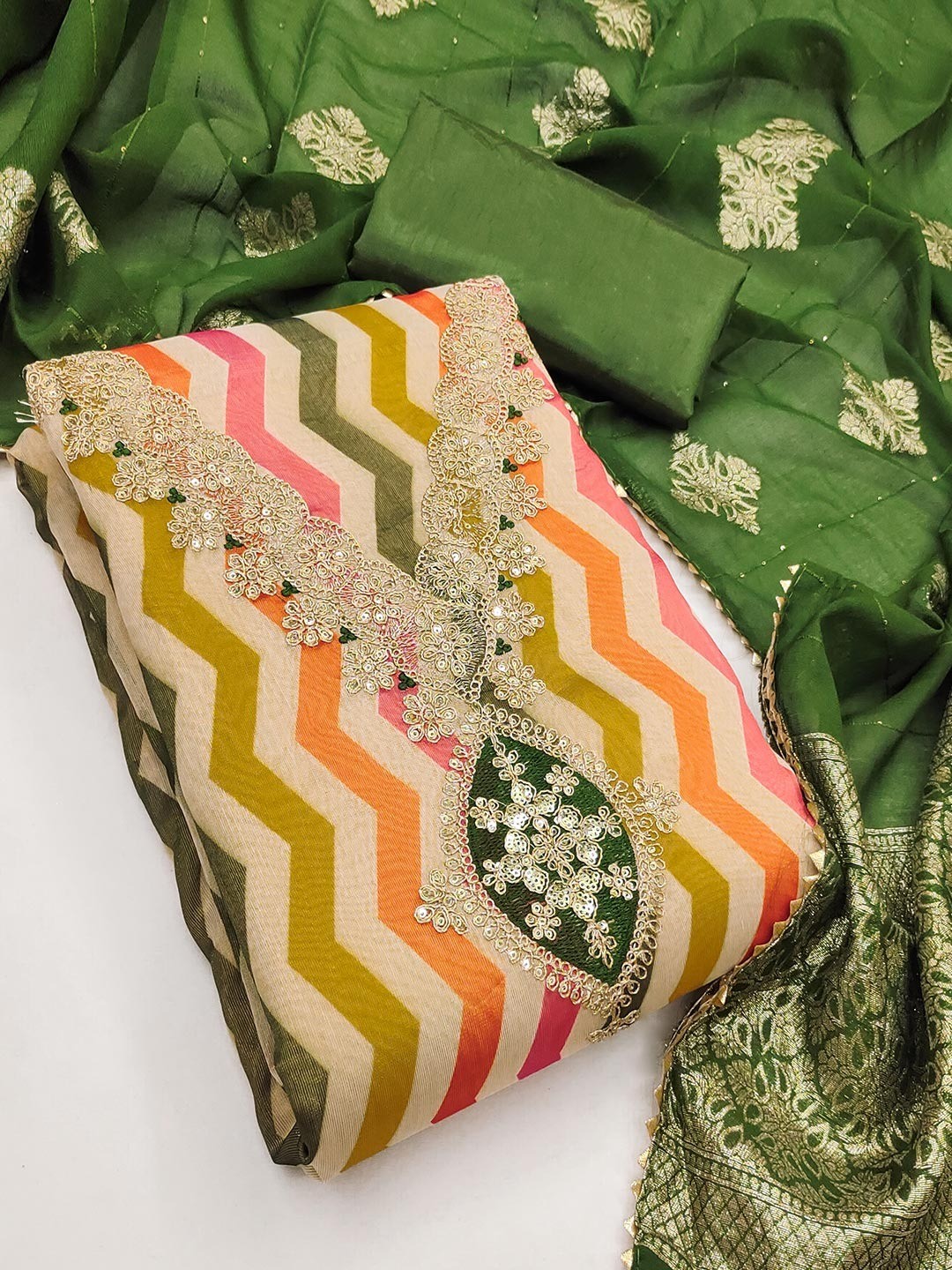 Green Shimmer Silk Dress Material Featuring Stylish Zig-Zag Printed Patterns - Image 3