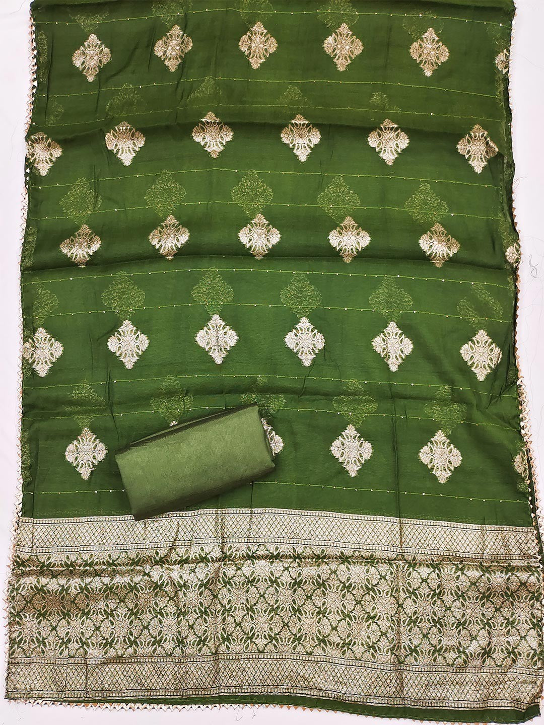 Green Shimmer Silk Dress Material Featuring Stylish Zig-Zag Printed Patterns - Image 4