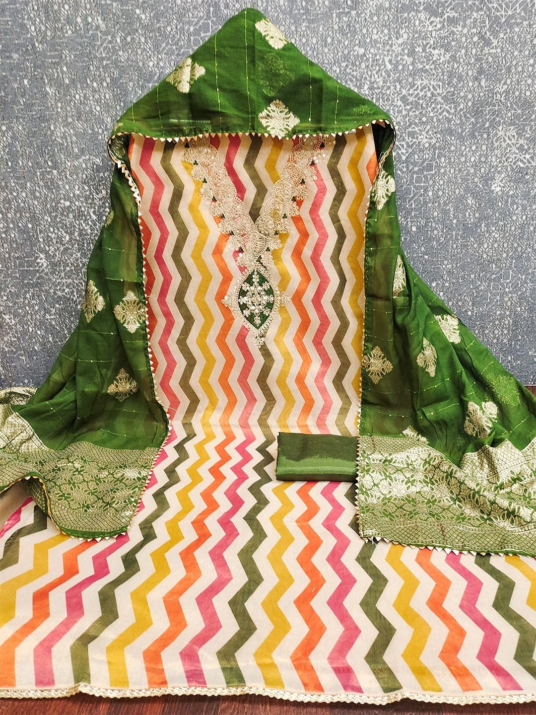 Green Shimmer Silk Dress Material Featuring Stylish Zig-Zag Printed Patterns - Image 5