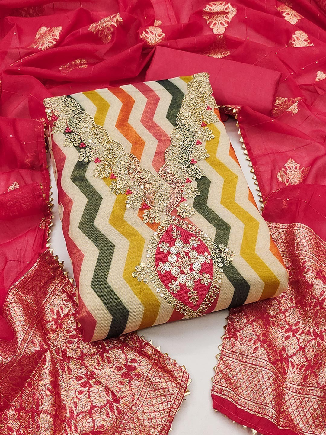 Pink Shimmer Silk Dress Material Featuring Stylish Zig-Zag Printed Patterns - Image 1