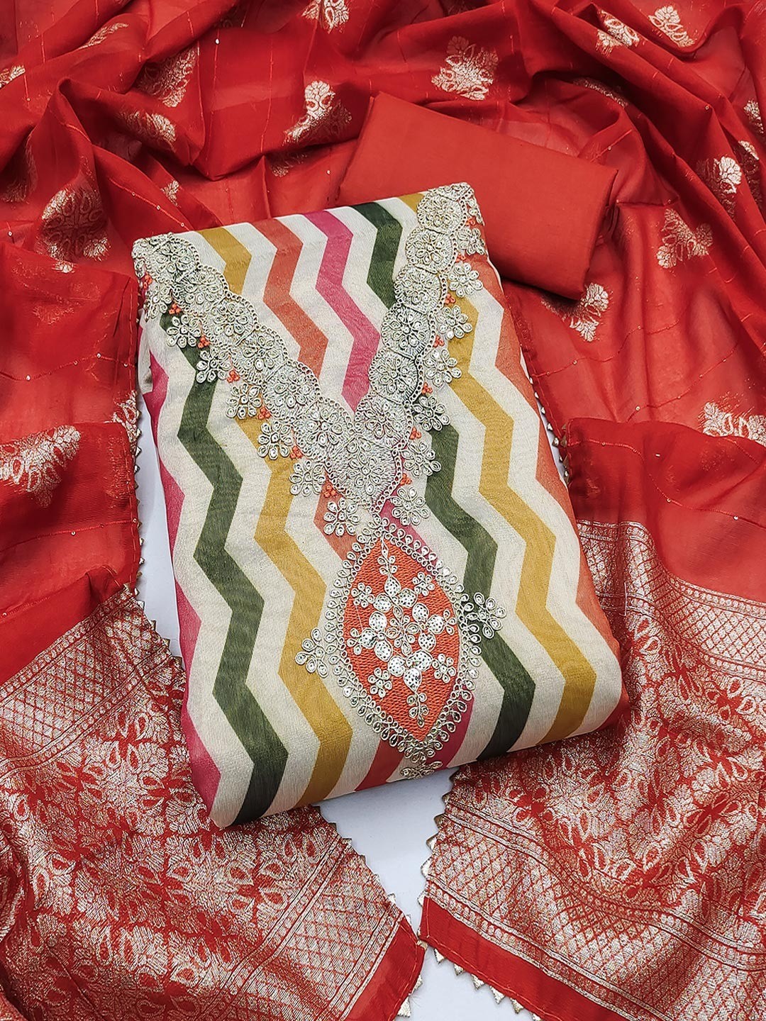 Red Shimmer Silk Dress Material Featuring Stylish Zig-Zag Printed Patterns - Image 1