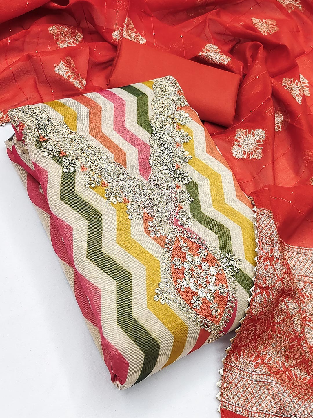 Red Shimmer Silk Dress Material Featuring Stylish Zig-Zag Printed Patterns - Image 3