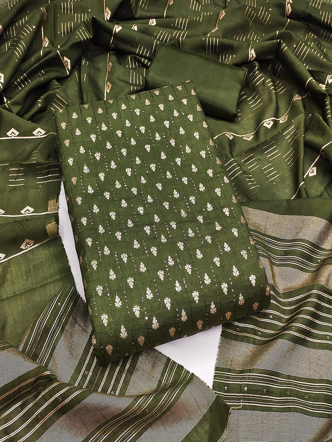 Green Zari Woven Chanderi Jacquard Fabric Dress Material for Graceful Ethnic Wear - Image 1