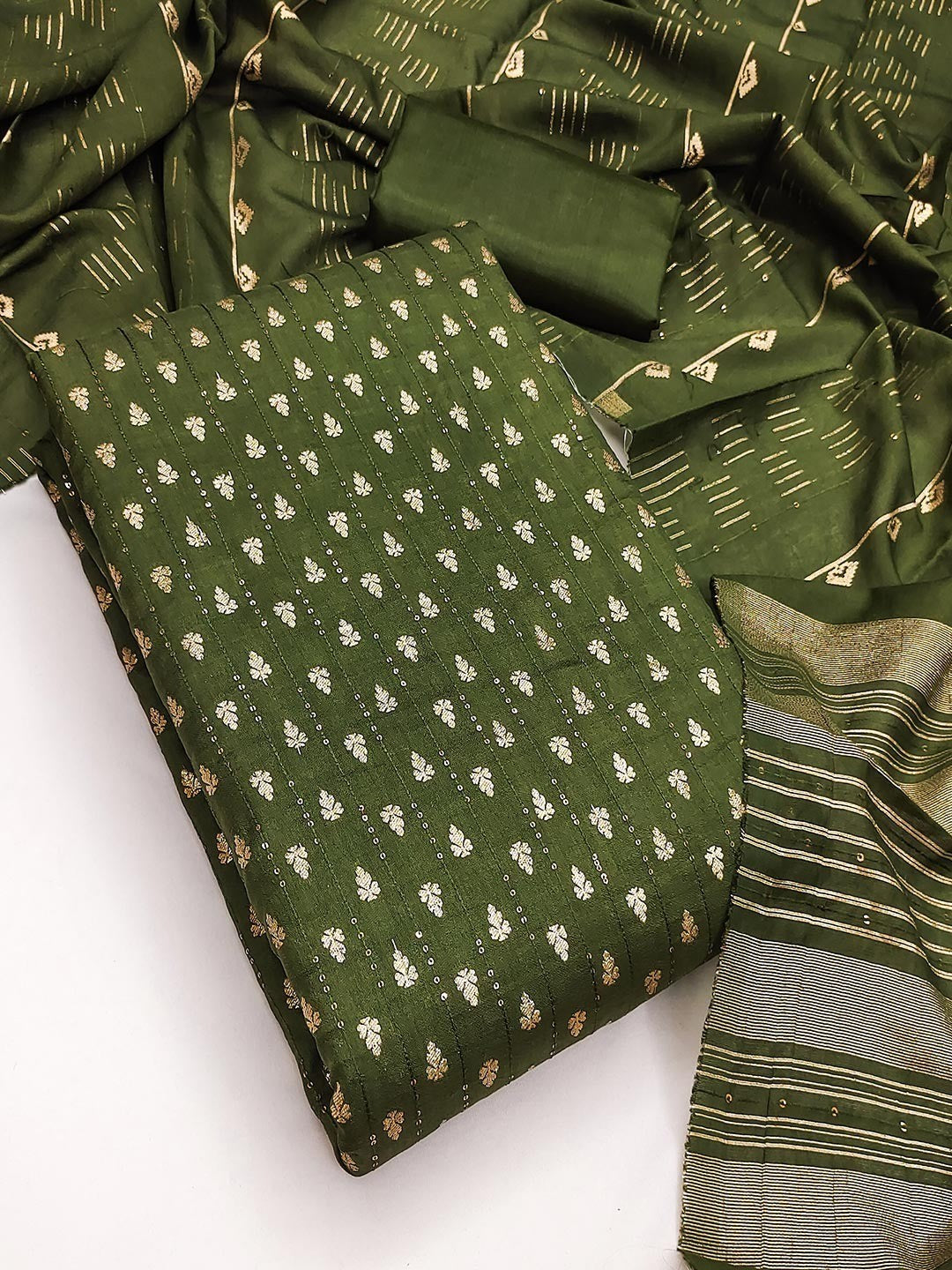 Green Zari Woven Chanderi Jacquard Fabric Dress Material for Graceful Ethnic Wear - Image 4