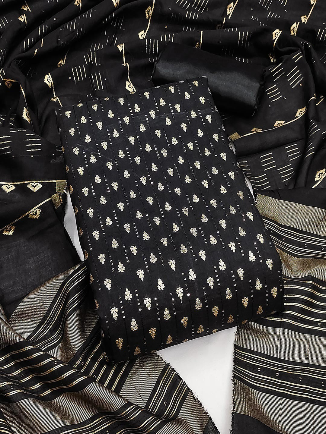 Black Zari Woven Chanderi Jacquard Fabric Dress Material for Graceful Ethnic Wear - Image 1