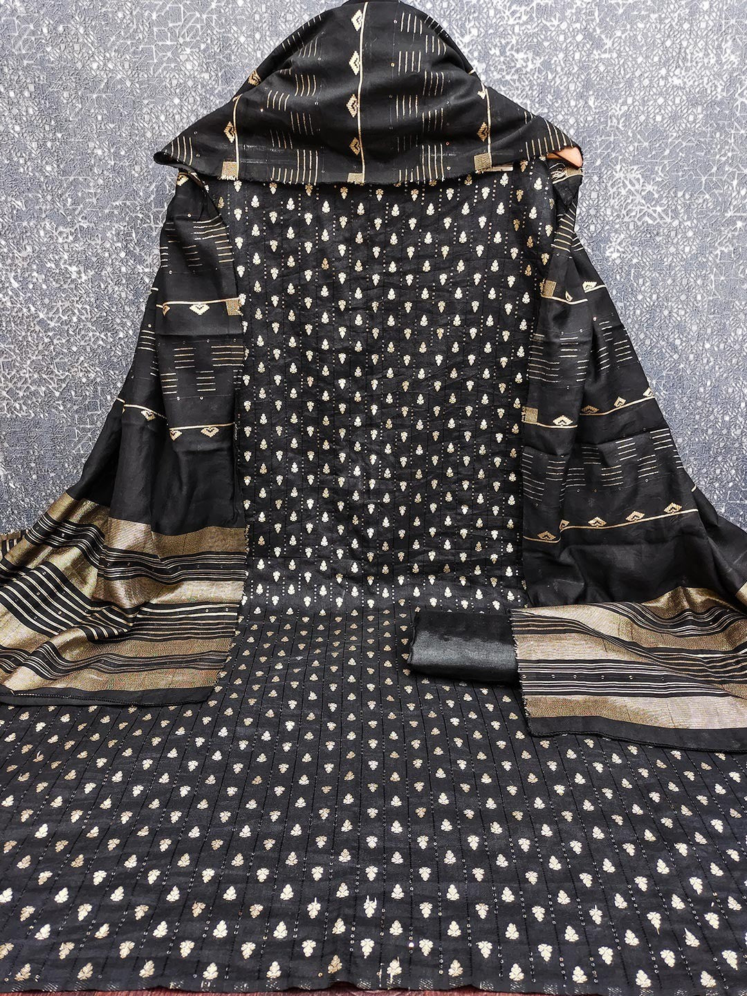 Black Zari Woven Chanderi Jacquard Fabric Dress Material for Graceful Ethnic Wear - Image 5