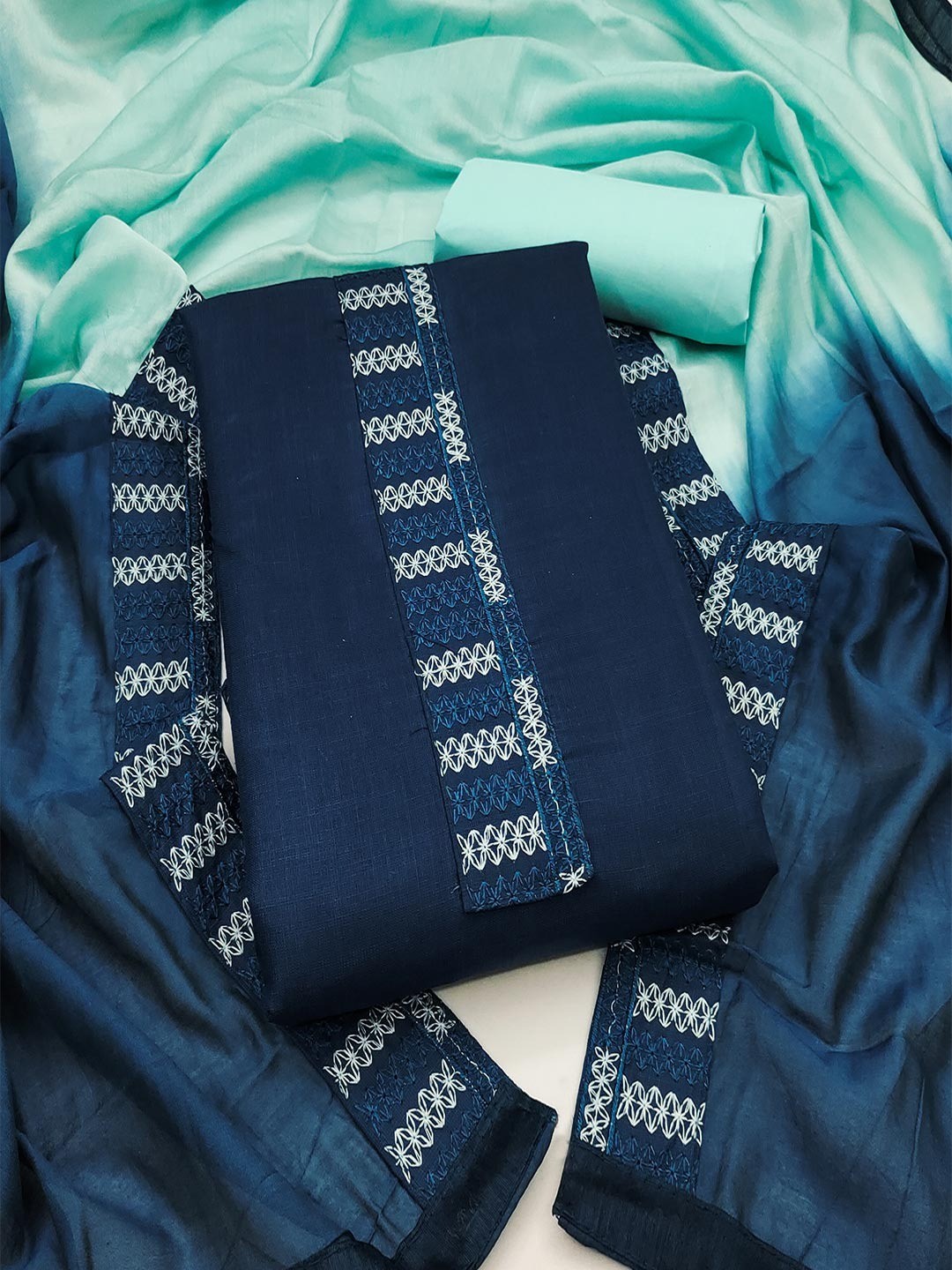Blue Cotton Blend Dress Material with Intricate Embroidered Yoke and Ombre-Shaded Dupatta - Image 1