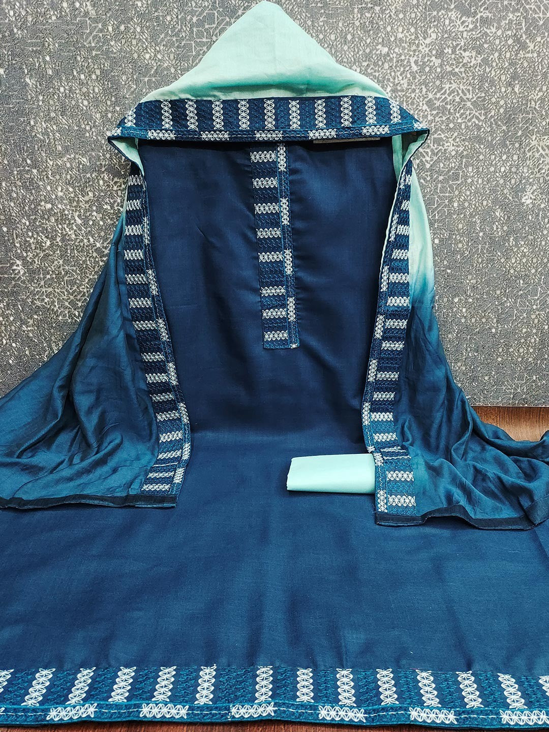 Blue Cotton Blend Dress Material with Intricate Embroidered Yoke and Ombre-Shaded Dupatta - Image 2