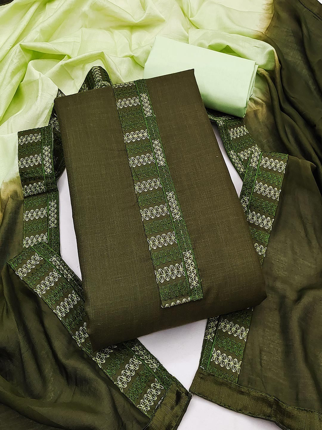 Green Cotton Blend Dress Material with Intricate Embroidered Yoke and Ombre-Shaded Dupatta - Image 1
