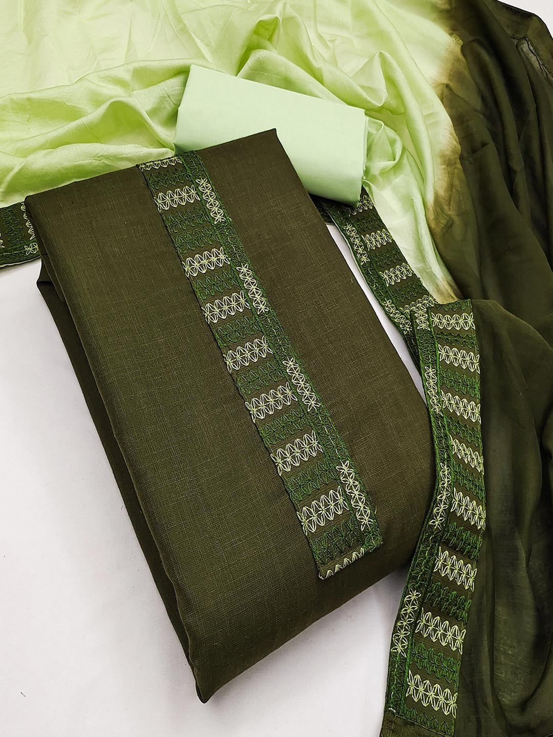 Green Cotton Blend Dress Material with Intricate Embroidered Yoke and Ombre-Shaded Dupatta - Image 4