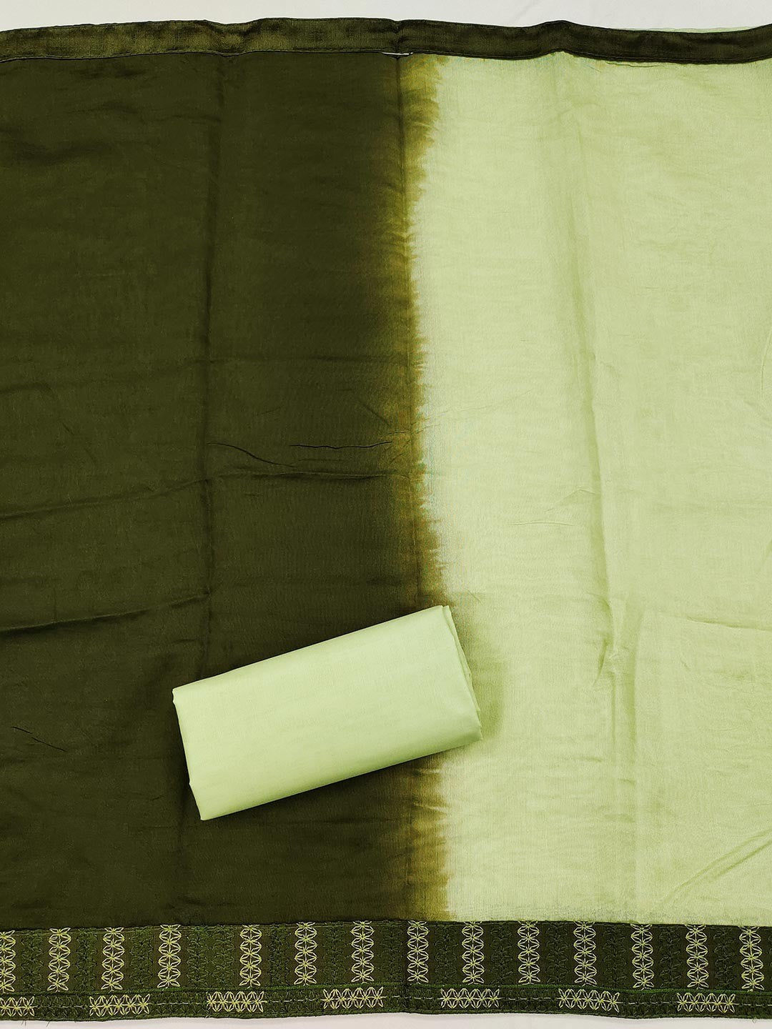 Green Cotton Blend Dress Material with Intricate Embroidered Yoke and Ombre-Shaded Dupatta - Image 3
