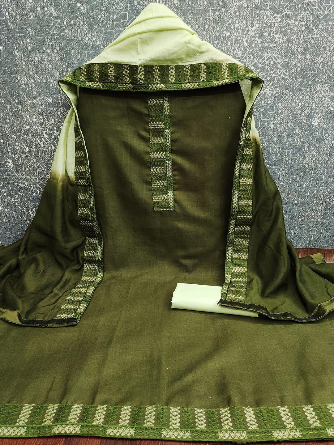 Green Cotton Blend Dress Material with Intricate Embroidered Yoke and Ombre-Shaded Dupatta - Image 2