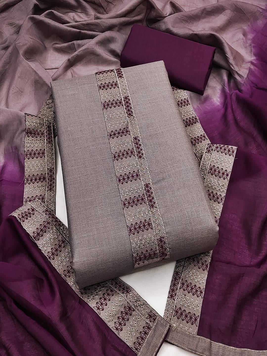 Grey Cotton Blend Dress Material with Intricate Embroidered Yoke and Ombre-Shaded Dupatta - Image 1