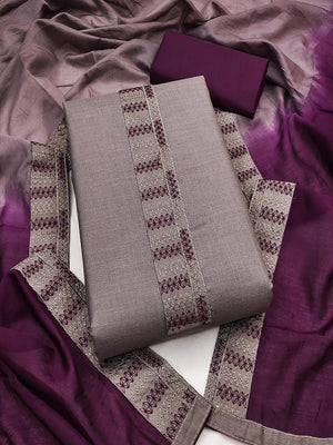 Grey Cotton Blend Dress Material with Intricate Embroidered Yoke and Ombre-Shaded Dupatta - Image 1